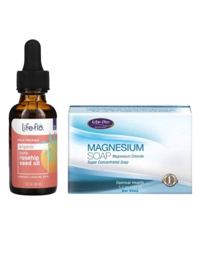 Life-flo Organic Pure Rosehip Seed Oil 30ml And Magnesium Chloride Super Concentrated Bar Soap 121g - Image 1